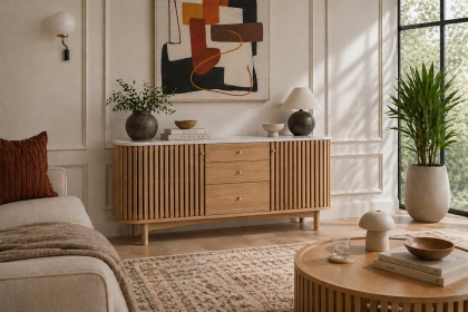 Soho Natural Oak Slatted Sideboard with Drawers & Marble Top Soho Natural Oak Slatted Sideboard with Drawers & Marble Top