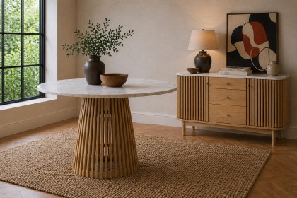 Soho Natural Oak Slatted Round Dining Table with Marble Top Soho Natural Oak Slatted Round Dining Table with Marble Top
