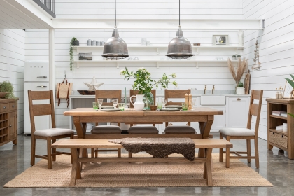 Tewkesbury Smoked Oak Cross-Leg 200-250cm Ext Dining Table Set with x6 Slat Back Chairs & Bench Tewkesbury Smoked Oak Cross-Leg 200-250cm Ext Dining Table Set with x6 Slat Back Chairs & Bench