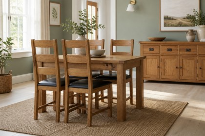 Salisbury Waxed Premium Oak Compact Ext Dining Table Set + 4 Slat Back PU Chairs Salisbury Waxed Premium Oak Compact Ext Dining Table Set + 4 Slat Back PU Chairs
