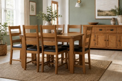 Salisbury Waxed Premium Oak Compact Ext Dining Table Set + 6 Slat Back PU Chairs Salisbury Waxed Premium Oak Compact Ext Dining Table Set + 6 Slat Back PU Chairs