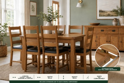 Salisbury Waxed Premium Oak Compact Ext Dining Table Set + 6 Slat Back PU Chairs Salisbury Waxed Premium Oak Compact Ext Dining Table Set + 6 Slat Back PU Chairs