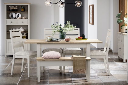 Modern Country Painted Oak Coconut White Ext Dining Table Set with 4 Chairs & Bench Modern Country Painted Oak Coconut White Ext Dining Table Set with 4 Chairs & Bench