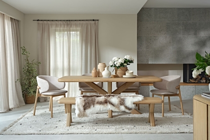 Flynn Natural Oak 240cm Dining Table Set Inc 220cm Bench & 4 Noah Chairs Flynn Natural Oak 240cm Dining Table Set Inc 220cm Bench & 4 Noah Chairs