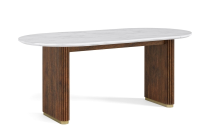 Harvard Reeded Mango Wood Oval Dining Table with Marble Top & 6 Amory Mustard Chairs Harvard Reeded Mango Wood Oval Dining Table with Marble Top & 6 Amory Mustard Chairs