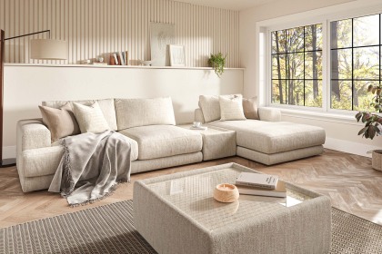 Niki Fabric Modular Sofa Group with Chaise End and Glass Table Niki Fabric Modular Sofa Group with Chaise End and Glass Table