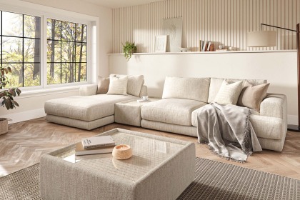 Niki Fabric Modular Sofa Group with Chaise End and Glass Table Niki Fabric Modular Sofa Group with Chaise End and Glass Table