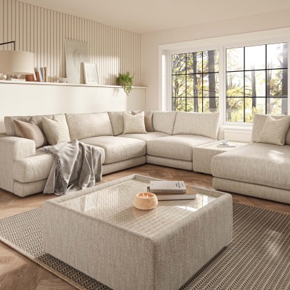 Niki Fabric Modular Large Corner Sofa Group with Chaise End and Glass Table Niki Fabric Modular Large Corner Sofa Group with Chaise End and Glass Table