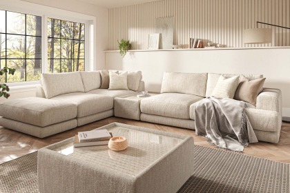 Niki Fabric Modular Large Corner Sofa Group with Footstool and Glass Table Niki Fabric Modular Large Corner Sofa Group with Footstool and Glass Table
