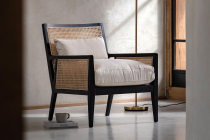 Gallery Direct Nagoya Black Wood Rattan Armchair with Cream Seat Cushions Gallery Direct Nagoya Black Wood Rattan Armchair with Cream Seat Cushions