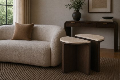 California Dark Oak Half Moon Nest of Tables with Travertine Top California Dark Oak Half Moon Nest of Tables with Travertine Top