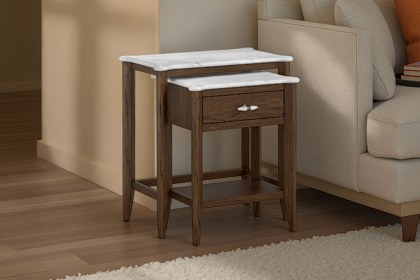 Florence Walnut Stained Oak Nest of Tables with Marble Top Florence Walnut Stained Oak Nest of Tables with Marble Top