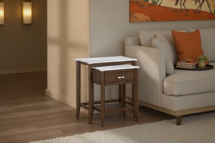 Florence Walnut Stained Oak Nest of Tables with Marble Top Florence Walnut Stained Oak Nest of Tables with Marble Top