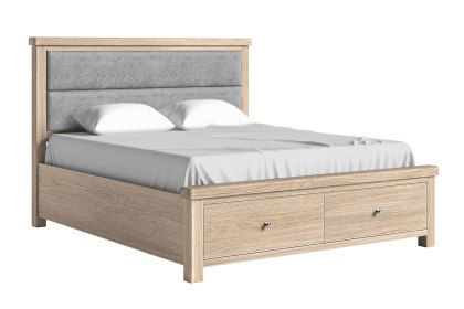 Normandy White Wash Storage Bedframe with Grey Fabric Headboard Normandy White Wash Storage Bedframe with Grey Fabric Headboard