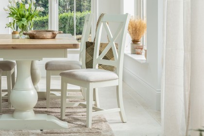 Burford Painted Oak Upholstered X-Back Dining Chairs (Pair) Burford Painted Oak Upholstered X-Back Dining Chairs (Pair)