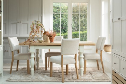 Burford Painted Oak 130-180cm Ext Dining Table Set + 4 Upholstered Chairs Burford Painted Oak 130-180cm Ext Dining Table Set + 4 Upholstered Chairs