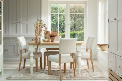 Burford Painted Oak 130-180cm Ext Dining Table Set + 4 Upholstered Chairs Burford Painted Oak 130-180cm Ext Dining Table Set + 4 Upholstered Chairs