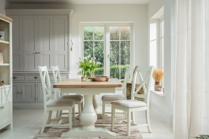 Burford Painted Oak 160-200cm Ext Pedestal Dining Table Set + 4 X-Back Chairs Burford Painted Oak 160-200cm Ext Pedestal Dining Table Set + 4 X-Back Chairs
