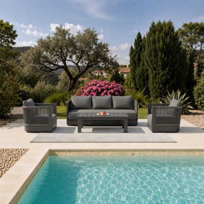 Ares 5 Seater Luxury Lounge Set in Onyx Aluminium & Pebble Grey Cushions Ares 5 Seater Luxury Lounge Set in Onyx Aluminium & Pebble Grey Cushions
