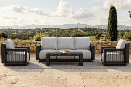 Ikos 5 Seater Luxury Lounge Set in Onyx Architectural Aluminium & Slat Table Ikos 5 Seater Luxury Lounge Set in Onyx Architectural Aluminium & Slat Table