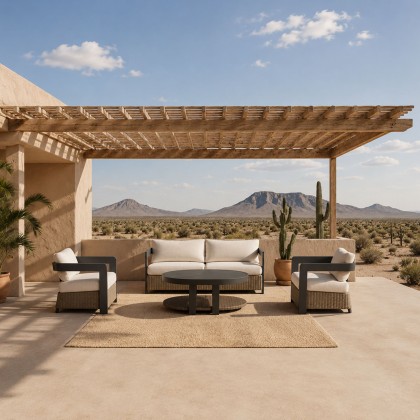 Selene 5 Seater Luxury Lounge Set in Onyx Aluminium, Woven Base & Sintered Stone Table Selene 5 Seater Luxury Lounge Set in Onyx Aluminium, Woven Base & Sintered Stone Table