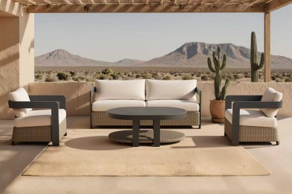 Selene 5 Seater Luxury Lounge Set in Onyx Aluminium, Woven Base & Sintered Stone Table Selene 5 Seater Luxury Lounge Set in Onyx Aluminium, Woven Base & Sintered Stone Table