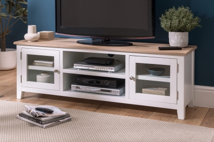 Chester Oak Painted White - Large TV Unit 150cm Wide| F&B All White Chester Oak Painted White - Large TV Unit 150cm Wide| F&B All White