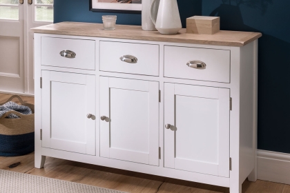 Chester Oak Painted White - Large 3 Door 3 Drawer Sideboard -130cm| F&B All White Chester Oak Painted White - Large 3 Door 3 Drawer Sideboard -130cm| F&B All White