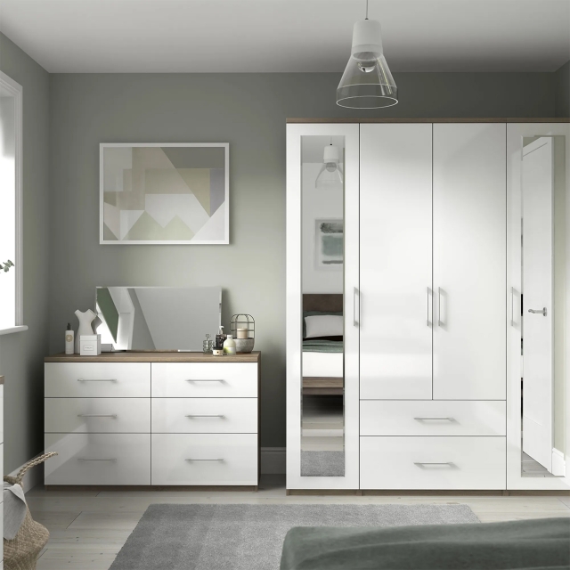 White gloss wardrobe and store chest of drawers