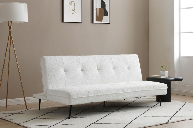 June Click Clack Cream Boucle Sofa Bed with Deep Tufting