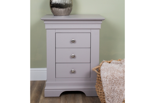 Grey bedside table and online chest of drawers