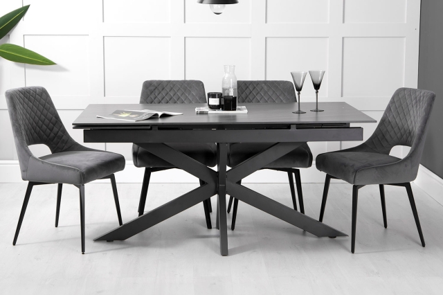 Kettle Interiors 1.6m Extending Sintered Stone Grey Dining Table Set & 4 Graphite Velvet Chairs