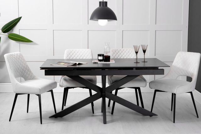 Kettle Interiors 1.6m Extending Sintered Stone Grey Dining Table Set & 4 Limestone Velvet Chairs