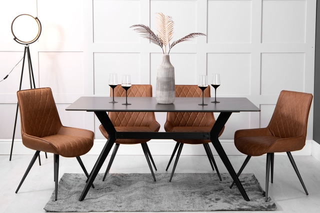 Kettle Interiors 1.5m Grey Sintered Stone Dining Table Set & 4 Tan PU Chairs