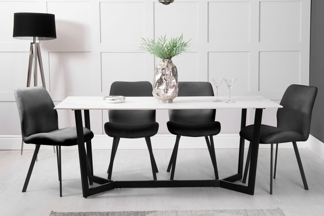 Kettle Interiors 1.8m White Sintered Stone Dining Table Set with 4 x Graphite Velvet Chairs
