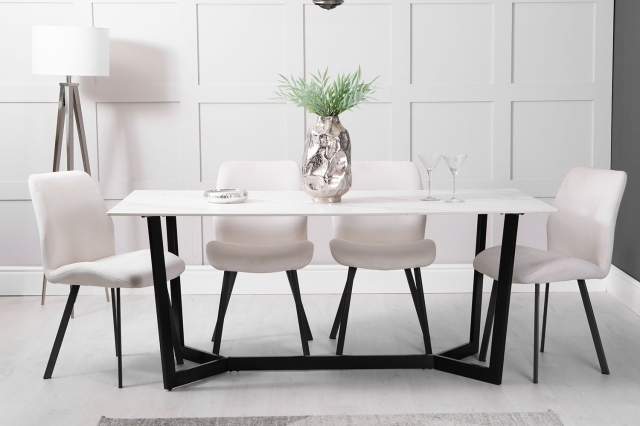 Kettle Interiors 1.8m White Sintered Stone Dining Table Set with 4 x Limestone Velvet Chairs