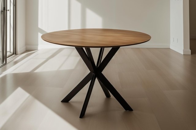 Sadie Industrial 110cm Round Dining Table in Oak Finish Sadie Industrial 110cm Round Dining Table in Oak Finish
