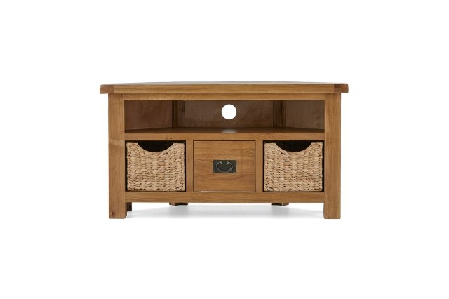 Salisbury Waxed Premium Oak Corner Tv Unit With Baskets Salisbury Waxed Premium Oak Corner Tv Unit With Baskets