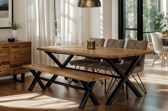 Forge Industrial 150 Dining Table Set with 140cm Bench & 2 Grey Dining Chairs Forge Industrial 150 Dining Table Set with 140cm Bench & 2 Grey Dining Chairs