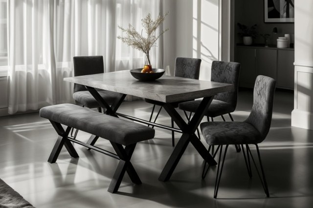 Forge Stone Effect 150 Dining Set Table, Bench and 2 Chairs Forge Stone Effect 150 Dining Set Table, Bench and 2 Chairs