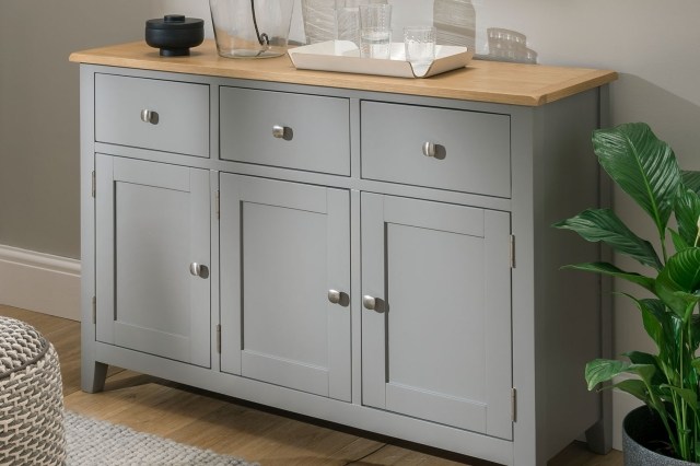Chester Oak Painted Grey - Large 3 Door 3 Drawer Sideboard -130cm| Moles Breath Grey Chester Oak Painted Grey - Large 3 Door 3 Drawer Sideboard -130cm| Moles Breath Grey