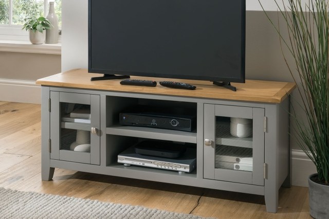 Chester Oak Painted Grey - Large TV Unit 120cm Wide| Moles Breath Grey Chester Oak Painted Grey - Large TV Unit 120cm Wide| Moles Breath Grey