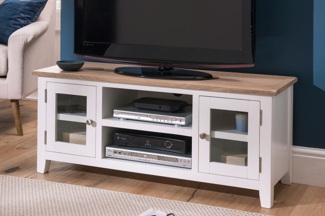 Chester Oak Painted White - Large TV Unit 120cm Wide| F&B All White Chester Oak Painted White - Large TV Unit 120cm Wide| F&B All White