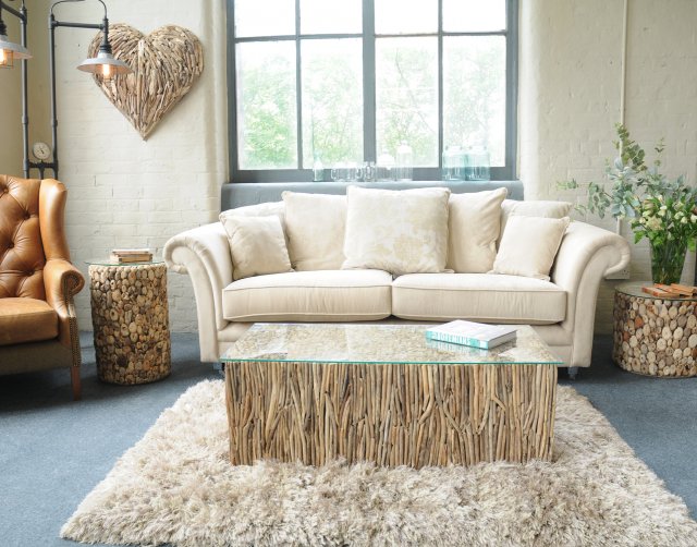 driftwood coffee table with rectangular glass top