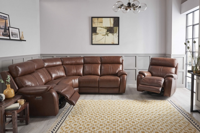 Brown leather deals corner recliner sofa