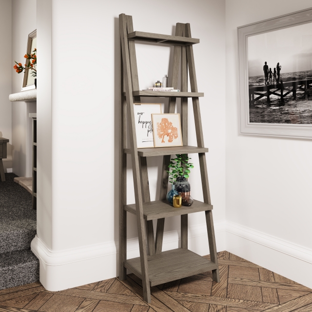 grey leaning bookcase