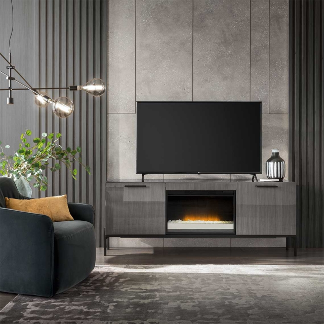 Grey wood tv stand deals with fireplace