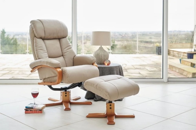 Leather swivel chair and shop ottoman